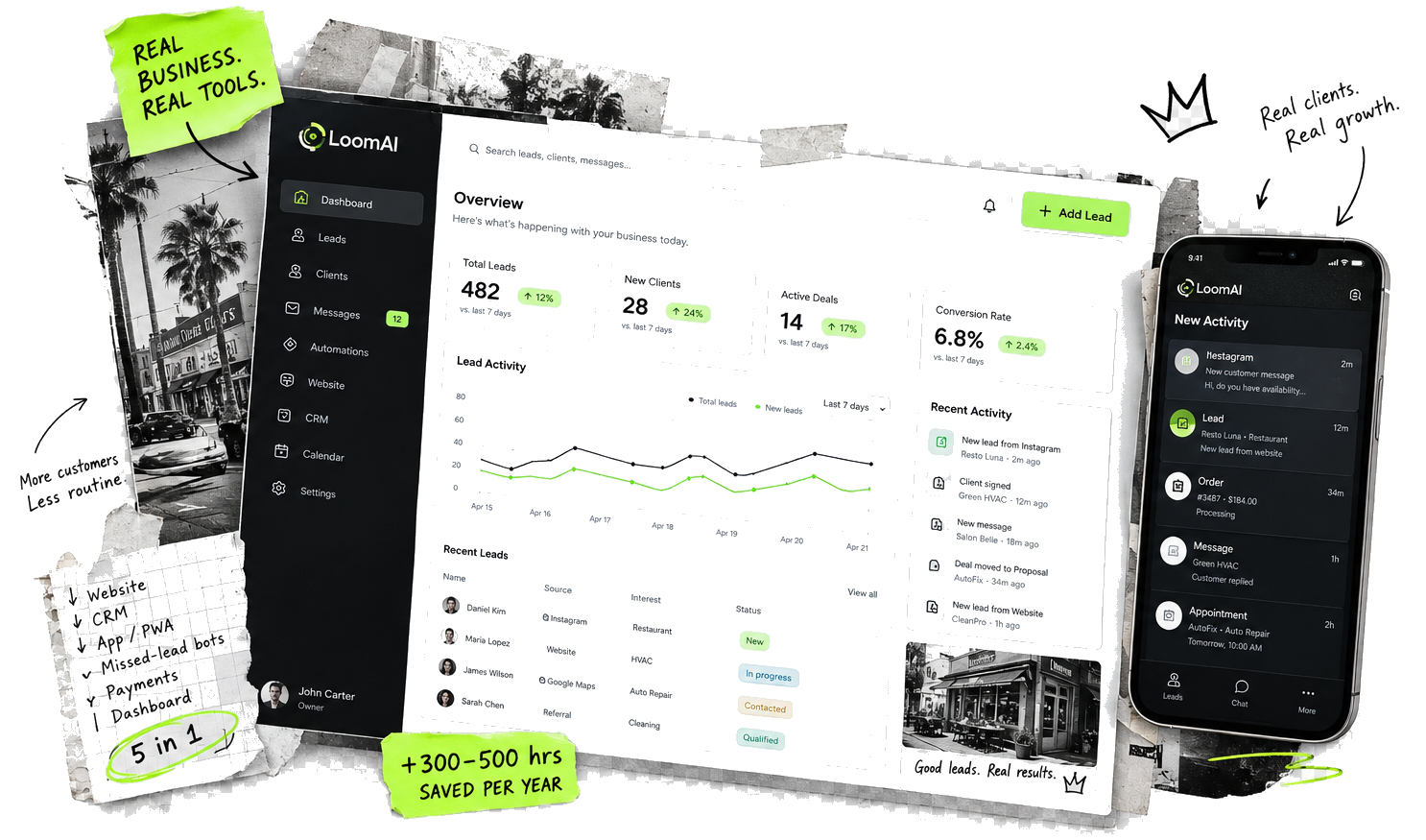 LoomAI CRM dashboard and mobile business tools